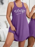 Plus Size Basic Loungewear Dress, Women'S Plus Eyelash & Letter Print Scoop Neck Racer Back Curve Hem Tank Sleep Dress