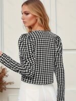 Houndstooth Pattern Open Front Jacket, Elegant Puff Sleeve Outwear For Spring & Fall, Women'S Clothing - Image 2