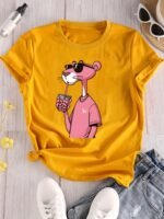 Women'S Casual Crew Neck T-Shirt With Cute Cartoon Print, Short Sleeve, Regular Length, Slight Stretch Fabric, Pink Tigger Design, Soft Polyester Material, Perfect For Casual Attir