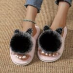 Women'S All-Season Slip-On Slippers With Plush Faux Fur Trim & Sparkling Embellishments - Soft Fabric Indoor House Shoes For Home, Lounge, Or Casual Wear, Cute Slippers, Loungewear Essentials, Playful Design, Durable Eva Sole - Image 3
