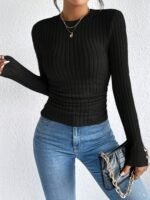 Women'S Elegant Ribbed T-Shirt - Solid Black Round Neck Medium Stretch Top, Machine Washable Spring/Summer Casual & Formal Wear, Ladies T Shirts, Everyday Top, Classic Style, Stretchy Fabric, Basic Tee, Office Women - Image 9