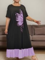 Cozy Plus Size Women'S Sleep Dress - Vintage Butterfly Print, Short Sleeve & Long Skirt Lounge Robe, Machine Washable, Autumn Winter, Home Wear - Image 10