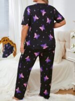 Women'S Plus Cute Pajama Set, Plus Size Star & Butterfly Print Short Sleeve Crew Neck T-Shirt & Pants Pajama 2 Piece Set - Image 2