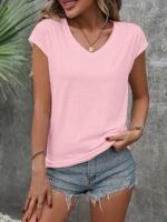 Women'S Casual V-Neck Top - Short Sleeve, Solid Black, Stretchy & Breathable Polyester Blend, Perfect For Spring/Summer/Fall, Versatile Clothing | Vneck Design | Construction - Image 3