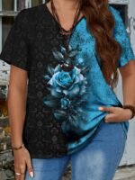 Plus Size Women'S Short Sleeve Casual T-Shirt, Plus Size Women'S Floral Print Trendy T-Shirt. - Image 3