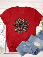 Women'S Casual Short Sleeve T-Shirt - Vibrant Orange Geometric Floral Print, Relaxed Fit Round Neck, Machine Washable Summer Top, Soft Texture Shirt - Image 9