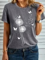 Plus Size Butterfly & Plant Print T-Shirt, Casual Short Sleeve Crew Neck Top For Summer & Spring, Women'S Plus Size Clothing
