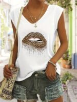 Lip Print V Neck T-Shirt, Casual Cap Sleeve T-Shirt For Spring & Summer, Women'S Clothing