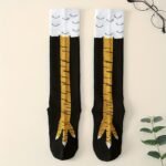1 Pair Of Men'S Fun Chicken Claw Crew Socks - Comfy & Stylish, Black With White & Yellow Accents, Polyester-Spandex Blend, Perfect For Casual Wear