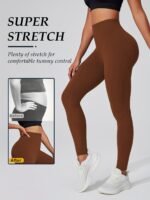 Women'S High Elasticity Activewear Full-Length Leggings, Solid Color, Soft Knitted Fabric, Women Fitness Apparel Suitable For Autumn