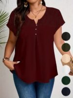 Women'S Plus Size Casual Top - Elegant Maroon Blouse With Contrast Lace Detail, Non-Stretch Fabric, Perfect For Spring/Summer/Fall, Plus Size Blouses