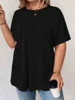 2024 New Women'S Comfortable & Stylish Pocket T-Shirt - Middle Eastern-Inspired Round Neck Short Sleeve Top, Solid Black, Machine Washable For Spring/Summer Casual Wear, Everyday Comfort Tee, Modern Casual Tee, Durable Everyday Shirt - Image 2