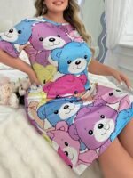 Women'S Cute Cartoon Bear Print Sleep Dress - Soft Short Sleeve Round Neck Nightgown, Machine Washable All-Season Lounge Dress For Adults, Ladies Sleepwear, Cozy Nightgown, Whimsical Nightwear, Comfortable Material, Casual Nightwear, Adult Nightgown - Image 5