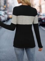Women'S Elegant Color Block Crew Neck Top, 95% Polyester 5% Elastane Knit Fabric, Regular Length, Solid Pattern, Fall/Winter Fashion, 160G/M? Weight - Image 4