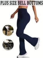 Plus Size Sports Pants, Women'S Plus Solid Wide Waistband High Rise Flared Leg High Stretch Yoga Trousers Suitable Spring/Autumn - Image 2