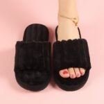 Women'S Solid Color Plush Slippers, Cozy & Warm Open Toe Flat Shoes, Comfortable Indoor Floor Slippers