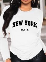 New York Print Crew Neck T-Shirt, Casual Long Sleeve T-Shirt For Spring & Fall, Women'S Clothing - Image 3