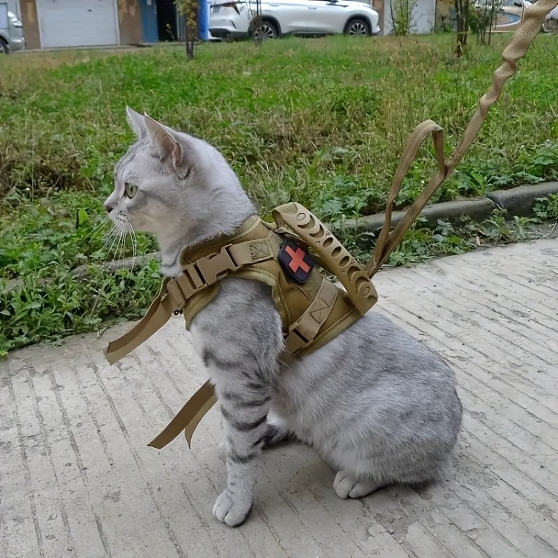 product-fancy-e332f713-1565-473d-9b86-82dd362f8618.jpg Tactical Cat Vest With Adjustable Straps & Red Cross Patch - Durable 600D Nylon Chest Harness For Small Dogs & Cats, Secure Leash Attachment, Ergonomic Design For Training & Outdoor Adventures, Cat Vest Harness, Adventure Pet Gear, Sturdy Construction - Image 1