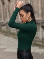 Slim Mock Neck Plain Color T-Shirt, Casual Long Sleeve Top For Spring & Fall, Women'S Clothing - Image 5