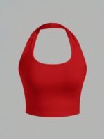 Women'S White Halter Neck Sports Crop Top - Stretchy Breathable Backless Tank Top For Summer Workouts & Casual Wear, Machine Washable Sleeveless Shirt, Gym Apparel, Smooth Texture - Image 4