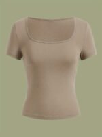3Pcs Women'S Casual Square Neck Short Sleeve T-Shirts - High Elasticity Solid Color Tops, Machine Washable & Versatile For Casual Attire, All-Season Comfort - Image 5