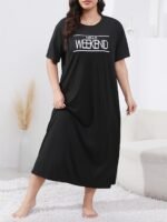 Women'S Plus Casual Lounge Dress, Plus Size Slogan Print Short Sleeve Round Neck Sleep Dress - Image 3