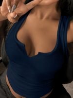Women'S Fashionable Small V-Neck Tank Top - Light Blue, Ribbed, Notched Collar, Solid Color, Perfect For Spring/Summer/Fall, Casual Attire, Casual Wear|Vneck Top|Ribbed Texture - Image 6