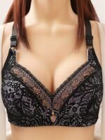 Rhinestone Decor Jacquard Lace Wireless Anti Sagging Bra, Elegant Adjustable Straps Push Up Breathable Bra, Women'S Lingerie & Underwear