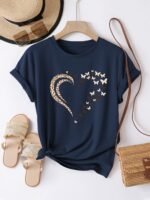 Casual Crew Neck Short Sleeve T-Shirt, Women'S Polyester Basic Round Neck Pullover, Heart Butterfly Pattern, With Slight Stretch, Regular Length And H Fit - Image 4