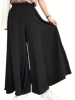 Plus Size Women'S Elegant Casual Wide-Leg Pants With Elastic Waist & Smocking Detail - Solid Color Non-Stretch Fabric, Middle Eastern-Inspired Design For All-Season Versatile Wear - Image 3