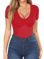 Solid Color V Neck T-Shirt, Versatile Slim Short Sleeve T-Shirt For Spring & Summer, Women'S Clothing - Image 8