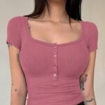 Women'S Elegant Ribbed Crop Top With Button Front - Pink, Short Sleeve, Button-Up Shirt For Spring/Summer, Polyester Blend, Machine Washable, Spring Fashion Tee | Buttonup Shirt | Texture