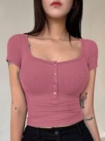 Women'S Elegant Ribbed Crop Top With Button Front - Pink, Short Sleeve, Button-Up Shirt For Spring/Summer, Polyester Blend, Machine Washable, Spring Fashion Tee | Buttonup Shirt | Texture