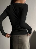 Women'S Elegant Half-Button Front Ribbed Slim-Fit T-Shirt - Black Round Neck Short Sleeve Top, Medium Stretch Machine-Washable For Spring/Summer Casual & Formal Wear, Ladies T Shirts, Casual Attire Tee, Sleek Fitted Tee, Stretchable Fabric - Image 4