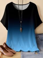 Plus Size, Oriented Plus Size Minimalist Two-Tone Print T-Shirt Spring/Summer Casual Round Neck Short Sleeve Top For Women, No Accessories Included - Image 4