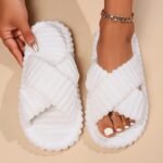 Cozy Women'S Fashion Indoor Slippers - Plush Gray Fabric With Cross Strap, Open-Toe Design, Non-Slip Eva Sole For Warmth And Comfort, Ideal For Home Use, House Slippers - Image 3