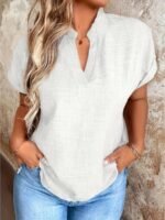 Women'S Casual V-Neck Blouse With Small Stand-Up Collar - Vibrant Yellow Solid Color, Regular Fit, Machine Washable, Versatile For Spring Summer Fall, Seasonal Fashion Top, Sophisticated Casualwear, Lightweight Fabric, Everyday Top, Classic Style, Breathable Material, Stylish Top, Office Casual - Image 2