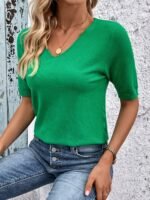 Women'S Elegant V-Neck Blouse - Short Sleeve Solid Color Top For Casual Or Chic Outfits, Machine Washable Polyester, Perfect For Spring & Fall, Spring Fashion | Elegant Style | Workout Fabric - Image 4