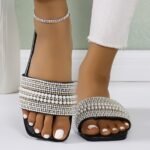 Elegant Women'S Summer Flat Slide Sandals - Chic Square Toe With Pearl & Rhinestone Embellishments, Casual Slip-On Design, Faux Cover Upper & Rubber Sole, Ladies Sandals - Image 8
