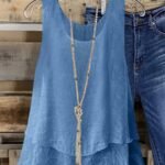 Women'S Plus Size Sleeveless Elegant Top - Lightweight Breathable Blue Round Neck Vest, Machine Washable Spring Summer Casual Wear, Elegant Special Line Collection, Sophisticated Design, Textured Fabric