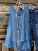 Women'S Plus Size Sleeveless Elegant Top - Lightweight Breathable Blue Round Neck Vest, Machine Washable Spring Summer Casual Wear, Elegant Special Line Collection, Sophisticated Design, Textured Fabric