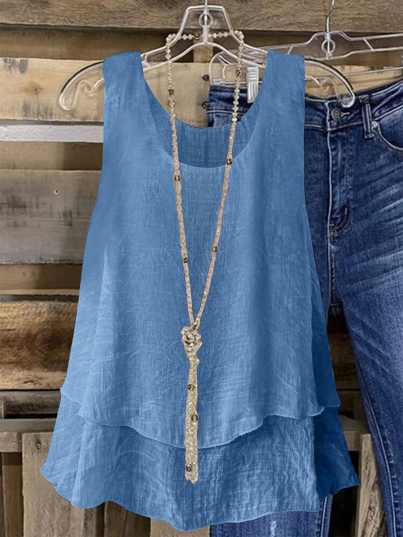 product-fancy-e5796dc8-f53f-4003-869b-931800ae9e5e.jpg Women'S Plus Size Sleeveless Elegant Top - Lightweight Breathable Blue Round Neck Vest, Machine Washable Spring Summer Casual Wear, Elegant Special Line Collection, Sophisticated Design, Textured Fabric - Image 1