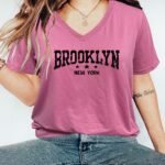 Women'S Casual V-Neck T-Shirt With Brooklyn New York Letter Print - Vibrant Pink & Black Graphic, Short Sleeve Regular Fit, Machine Washable For Spring Summer Fall, Ladies T Shirts, Casual Attire, Durable Fabric