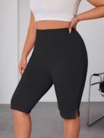 Plus Size, Plus Size High-Waisted Leggings With Side Slit - Stretchy Solid Black Pants For Women, Machine Washable & Dry Cleanable, Spring Summer Fall Casual Wear, Pants, Seasonal, Highwaisted Design, Medium Elasticity, Nontransparent Fabric, Bottoms, Breathable Material, Enthusiasts - Image 4