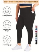 Plus Size High Waist Yoga Pants With Side Pockets - 88% Polyester 12% Elastane Stretchy Tummy Control Leggings, Sculpting Workout Gym Activewear For Women, All-Season Comfort (Machine Washable) - Image 10