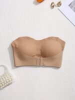 Elegant Solid Color Seamless Strapless Bralette - Removable Pads, Wireless, No Underwire, Adult Size, Stylish Beige With Crystal Detail, Perfect For Everyday Comfort, Comfort Bra|Seamless Bralette|Wireless Bra - Image 9