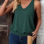 Women'S Casual V-Neck Knit Tank Top, 95% Polyester 5% Elastane, Solid Color Summer Sleeveless Shirt