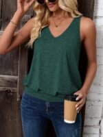 Women'S Casual V-Neck Knit Tank Top, 95% Polyester 5% Elastane, Solid Color Summer Sleeveless Shirt