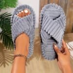 Cozy Women'S Fashion Indoor Slippers - Plush Gray Fabric With Cross Strap, Open-Toe Design, Non-Slip Eva Sole For Warmth And Comfort, Ideal For Home Use, House Slippers - Image 8
