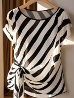 Women'S Elegant French-Inspired Sleeveless Blouse With Bow Detail & Striped Pattern - Semi-Sheer Round Neck Shirt For Spring Summer Fall, Machine Washable Casual To Dressy Tops, Seasonal Fashion, Frenchinspired Design, Decorative Bow Design - Image 4